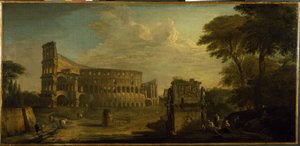 A view of the Colosseum, Rome (oil on canvas) بواسطة جيوفاني باولو (Attr. To) Panini