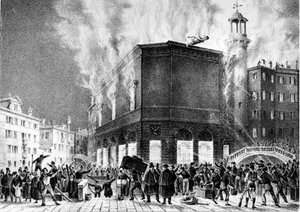 حريق مسرح لا فينيس في البندقية عام 1836. نقش لجيوفاني بيفيدور. ميلان ، كونسرفتوار جي فيردي. بواسطة جيوفاني (بعد) بيفيدور