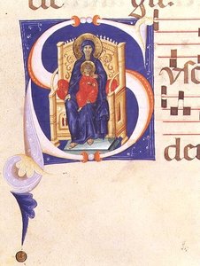 Ms 562 f.16r أول حرف `` S '' مؤرخ يصور مادونا والطفل على العرش ، من دير تدريجي من دير سان جاكوبو دي ريبولي ، أوائل القرن الرابع عشر بواسطة جيوفاني (من أتباع) سيمابو