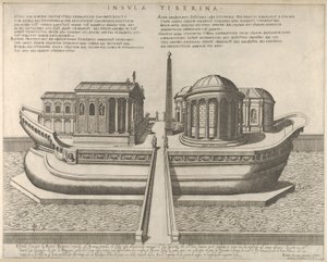 منظر لجزيرة التيبر على شكل سفينة ، معبد إسكولابيوس إلى اليسار ، 1582. ، 1582.