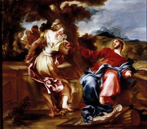 المسيح والسامري. لوحة لجيوفاني أندريا دي فيراري (1598-1669). الفن الإيطالي. زيت على قماش. الجينات ، مجموعة Privee.