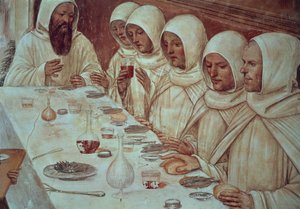 St Benedict having obtained ample flour and fed the monks, detail from the Life of St Benedict بواسطة جيوفاني أنطونيو بزي سودوما