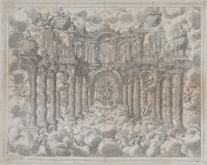 اللوحة 2 [مضادة]: مسرح مع شخصيات مجازية جالسة بين الغيوم ، مع ... ، 1690. بواسطة جيوفاني أنطونيو لورينزيني