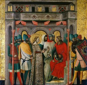 سانت كولومبا أمام مشاهد الإمبراطور أوريليان من حياة القديس كولومبا ، 1345-1350.