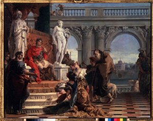 Maecenas يقدم الفنون إلى أغسطس. Caius Cilnius Maecenas (أو Mecene) (حوالي 70 قبل الميلاد - 8 قبل الميلاد) سياسي روماني كرس ثروته وتأثيره لترويج الفنون والآداب بين بواسطة جيوفاني باتيستا تيبولو