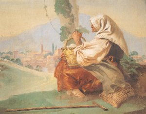 Landscape has the peasant An old man sitting, his head covered by a bloody man hiding his face بواسطة جيوفاني باتيستا تيبولو