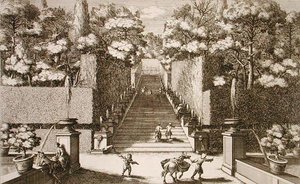 الدرج الكبير في Villa d'Este ، تيفولي ، من "Le Fontane" ، نقش بواسطة Giovanni Francesco Venturini (1650-p.1710) ، نُشر حوالي 1675-90 (نقش) بواسطة جيوفاني باتيستا (بعد) فالدا