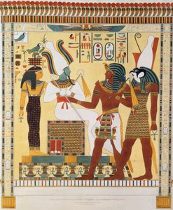 لوحة جدارية من مقابر ملوك طيبة ، اكتشفها ج. بيلزوني ، اللوحة 19 من "لوحات توضيحية للبحوث في مصر والنوبة" ، نقشها تشارلز هولمانديل (1789-1850) 1820-22 (مضاءة
