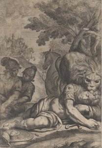 أسد فوق فارس سقط إلى اليمين مع جنديين آخرين على اليسار ، 1640-70. بواسطة جيوفاني باتيستا بوناسينا