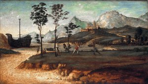 المناظر الطبيعية الساحلية مع رجلين القتال ، ج. 1510 بواسطة جيوفاني باتيستا سيما دا كونجليانو