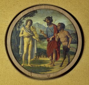 غطاء أداة لوحة المفاتيح مع رسم توضيحي يصور أبولو (مع قيثارة) ومارسياس بواسطة جيوفاني باتيستا سيما دا كونجليانو