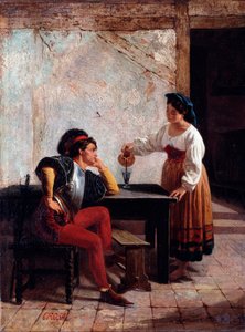 خادم شاب في نزل وجندي لوحة لجيوفاني باتيستا كروسا (نشط بين 1859 و 1882) 1865 Dim 98x64 cm الجينات ، Galleria d