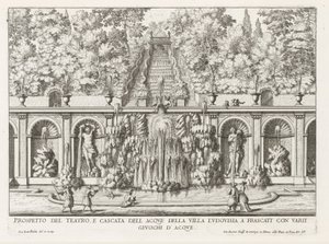 Cascade in Teatro delle Acque in de tuinen van de Villa Torlonia te Frascati نشرة لمسرح وشلال فيلا لودوفيزيا (...) (العنوان على الكائن) نوافير فيلات فراسكاتي (عنوان السلسلة) فونتينين فان فراسكاتي (عنوان المسلسل) بواسطة جيوفاني باتيستا فالدا