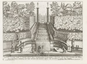 Cascade in de tuinen van de Villa Aldobrandini te Frascati شلال فوق مسرح فيلا Aldobrandina di Belvedere في فراسكاتي (...) (العنوان على الكائن) نوافير فيلات فراسكاتي (عنوان السلسلة) فونتينين فان فراسكاتي (عنوان المسلسل) بواسطة جيوفاني باتيستا فالدا