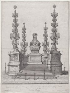 Catafalque للبابا كليمنت X ، الهيكل المركزي في الجزء العلوي من منصة من خمسة عشر خطوة ، مع ... ، 1676. بواسطة جيوفاني باتيستا فالدا