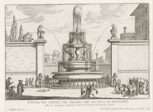 Fontein in de binnenplaats van Palazzo Taverna te Rome نافورة في باحة قصر السيد. دوق براتشيانو (العنوان على الكائن) نوافير روما (عنوان السلسلة) فونتينين فان روما (عنوان المسلسل) بواسطة جيوفاني باتيستا فالدا