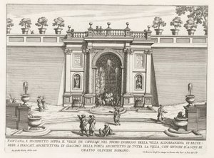 Fontein in de tuinen van de Villa Aldobrandini te Frascati النافورة والارتفاع فوق شارع السرو (...) (العنوان على الكائن) نوافير فيلات فراسكاتي (عنوان السلسلة) فونتينين فان فراسكاتي (عنوان المسلسل) بواسطة جيوفاني باتيستا فالدا
