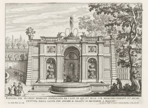 Fontein in de tuinen van de Villa Aldobrandini te Frascati نافورة في المدخل الثاني مكررة من الجانبين (...) (العنوان على الجسم) نوافير فيلات فراسكاتي (عنوان السلسلة) فونتينين فان فراسكاتي (عنوان المسلسل) بواسطة جيوفاني باتيستا فالدا