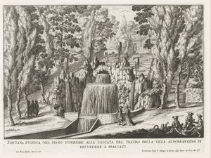 Fontein in de tuinen van de Villa Aldobrandini te Frascati نافورة ريفية في الطابق العلوي من شلال المسرح (...) (العنوان على الكائن) نوافير فيلات فراسكاتي (عنوان السلسلة) فونتينين فان فراسكاتي (عنوان المسلسل) بواسطة جيوفاني باتيستا فالدا