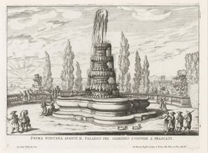 Fontein in de tuinen van de Villa Torlonia te Frascati أول نافورة أمام Palazzo del Giardino Ludovisi في فراسكاتي (العنوان على الجسم) نوافير فيلات فراسكاتي (عنوان السلسلة) فونتينين فان فراسكاتي (عنوان المسلسل) بواسطة جيوفاني باتيستا فالدا