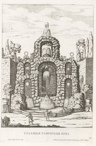 نافورة مع الحمام في حدائق فيلا دوريا بامفيلج في روما Columbae Pamphyliae fons (العنوان على الكائن) Le Fontane ne Palazzi e ne giardini di Roma (عنوان المسلسل) نوافير في قصور وحدائق روما (عنوان السلسلة) بواسطة جيوفاني باتيستا فالدا