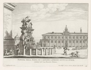 Fontein op Piazza di San Giovanni in Laterano te Rome نافورة في ساحة بيازا دي جيوفاني لاتيرانو تحت البرج (العنوان على الجسم) نوافير روما (عنوان السلسلة) فونتينين فان روما (عنوان المسلسل) بواسطة جيوفاني باتيستا فالدا