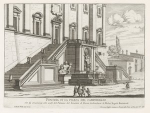 نافورة أمام Palazzo Senatorio في مبنى الكابيتول في روما Fontana su la Piazza del Campidoglio (العنوان على الكائن) Fontane di Roma (عنوان المسلسل) نوافير روما (عنوان السلسلة) بواسطة جيوفاني باتيستا فالدا