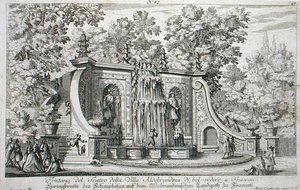 نافورة المسرح في فيلا Aldobrandina ، فراسكاتي ، حوالي 1675 ، من "Le Fontane" ، نُشرت قبل 1687 (نقش) بواسطة جيوفاني باتيستا فالدا