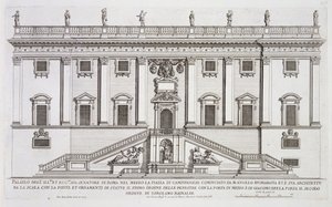 منظر لواجهة Palazzo Senatorio في Piazza del Campidoglio ، روما ، بدأه Michelangelo Buonarroti (1475-1564) وأكمله جيرولامو رينالدي (1570-1655) بواسطة جيوفاني باتيستا فالدا