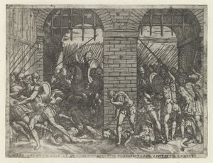 Romeinse soldaten vallen Crustumerium binnen ضحية Crustumeni (...) محروم من جنسيته (اللقب على الشيء) ليفين فان رومولوس أون ريموس (عنوان المسلسل) بواسطة جيوفاني باتيستا فونتانا