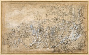 Captives, including a bishop, dragged and bound before the triumphal car of a Roman general (pen & brown ink, pen heightened with white body colour, over preliminaries in black chalk on cream paper) بواسطة جيوفاني باتيستا ليناردي