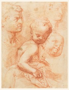 رسم، دراسة لرؤوس رجل وامرأة وطفل، طفل جالس، حوالي عام 1570