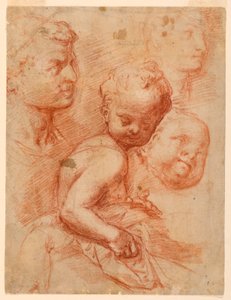رسم، دراسة لرؤوس رجل وامرأة وطفل، طفل جالس، حوالي عام 1570
