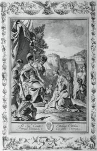 أرميدا أمام جوفريدو ، نقش بقلم جيوفاني باتيستا بيازيتا (1683-1754) لكانتو الثالث من القدس تسليمه ، توركواتو تاسو (1544-1595) ، نشره جيوفاني باتيستا ألبريتزي ، البندقية ، إيطاليا بواسطة جيوفاني باتيستا بيازيتا
