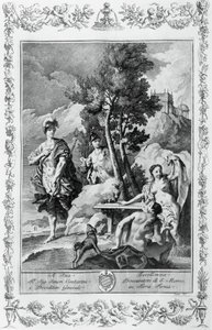 كارلو وأوبالدو في الجزر السعيدة ، نقش ، بقلم جيوفاني باتيستا بيازيتا (1683-1754) لكانتو الخامس عشر من القدس تسليمها ، توركواتو تاسو (1544-1595) ، طبعة جيوفاني باتيستا ألبريتزي ، البندقية ، إيطاليا بواسطة جيوفاني باتيستا بيازيتا
