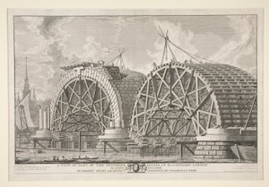 منظر لجزء من الجسر المقصود في Blackfriars ، لندن ، في أغسطس MDCCLXIIII بواسطة روبرت ميلن ، مهندس معماري ، نقش بواسطة Piranesi في روما بواسطة جيوفاني باتيستا بيرانيسي