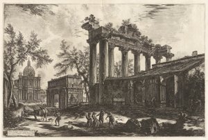 Altra Veduta degli avanzi del Pronao del Tempio del Concordia (منظر آخر لبقايا برونوس من معبد كونكورد [معبد زحل مع قوس سبتيموس سيفيروس في الخلفية اليسرى]) ، من فيدوت دي روما (مناظر لروما) بواسطة Giovanni-Battista Piranesi