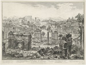 منتدى رومانوم تي روما منظر لكامبو فاتشينو (العنوان على الكائن) Gezichten op Rome (عنوان المسلسل) مناظر لروما رسمها ونقشها المهندس المعماري جيامباتيستا بيرانيزي Ve (nez) iano (عنوان السلسلة) بواسطة جيوفاني باتيستا بيرانيسي
