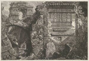 التقى Frontispiece أطلال العتيقة en een triumphboog واجهة المجلد الأول من "Le Antichità Romane" I. B. B. Pranesius Venet Rome ، الذي يعيش في عصره من أجل الأجيال القادمة والمنفعة بواسطة جيوفاني باتيستا بيرانيسي