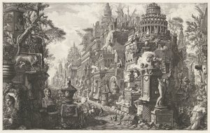 التقى Frontispiece een fantasievoorstelling van de Via Appia Antica واجهة الجزء الثاني من "Le Antichità Romane" منظر لمفترق طرق قديم لطريق Appian و Ardeatian عند الحجر الثاني خارج البوابة (العنوان على الكائن) Archeologische vondsten in en بواسطة جيوفاني باتيستا بيرانيسي