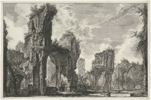 Gezichten op Rome ، de Campagna ، إلخ. (122 ريشة) أطلال سيستو ، أو كلاهما من القاعة الكبرى للحمامات الأنطونية (العنوان على الكائن) Gezichten op Rome (عنوان المسلسل) مناظر لروما رسمها ونقشها المهندس المعماري جيامباتيستا بيرانيزي Ve (nez) إيانو (جاد بواسطة جيوفاني باتيستا بيرانيسي