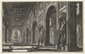 Interieur van de Sint-Jan van Lateranen te Rome منظر داخلي لكنيسة S. Giovanni Laterano (العنوان على الجسم) Gezichten op Rome (عنوان المسلسل) مناظر لروما رسمها ونقشها المهندس المعماري جيامباتيستا بيرانيزي Ve (nez) iano (عنوان السلسلة) بواسطة جيوفاني باتيستا بيرانيسي