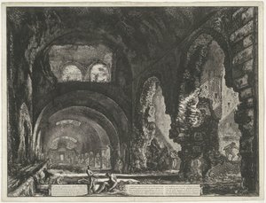 Interieur van de Tempel van Hercules Victor te Tivoli منظر داخلي لـ Villa di Mecenate (العنوان على الكائن) Gezichten op Rome (عنوان المسلسل) مناظر لروما رسمها ونقشها المهندس المعماري جيامباتيستا بيرانيزي Ve (nez) iano (عنوان السلسلة) بواسطة جيوفاني باتيستا بيرانيسي