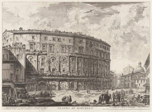 مسرح مارسيلوس. تم بناؤه بواسطة Augustus ، وخصص لابن أخيه Marcellus (مسرح Marcellus. تم بناء هذا المبنى من قبل Augustus ، وتم تكريسه لابن أخيه Marcellus) ، من Vedute di Roma (مناظر لروما) بواسطة جيوفاني باتيستا بيرانيسي