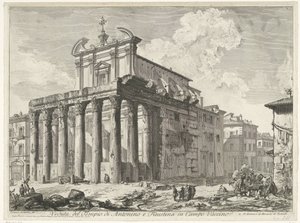 Tempel van Antoninus en Faustina te Rome منظر لمعبد أنطونينوس وفاوستينا في كامبو فاتسينو (العنوان على الكائن) Gezichten op Rome (عنوان السلسلة) مناظر لروما مرسومة ونقشة من قبل المهندس المعماري Giambattista Piranesi Ve (nez) iano (عنوان السلسلة) بواسطة جيوفاني باتيستا بيرانيسي