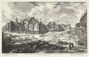 Thermen van Diocletianus te Rome منظر لبقايا حمامات دقلاتيان (العنوان على الجسم) Gezichten op Rome (عنوان المسلسل) مناظر لروما رسمها ونقشها المهندس المعماري جيامباتيستا بيرانيزي Ve (nez) iano (عنوان السلسلة) بواسطة جيوفاني باتيستا بيرانيسي