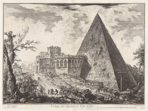 منظر لـ Sepolcro di Cajo Cestio (منظر للمقبرة الهرمية لـ Caius Cestius [مع Porta S. Paolo إلى اليسار]) ، من Vedute di Roma (مناظر من روما) بواسطة جيوفاني باتيستا بيرانيسي