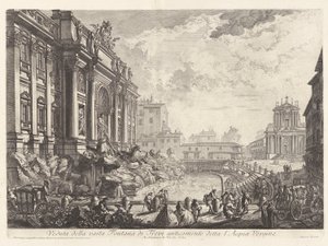 منظر لنافورة تريفي الشاسعة التي كانت تُعرف سابقًا باسم إل بواسطة Giovanni-Battista Piranesi