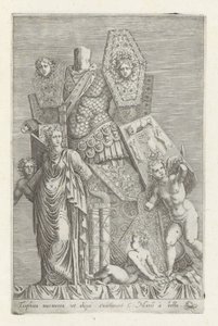 Trofee van Wapans، een vrouwenfiguur en engelen كأس من الرخام كما يظن البعض (...) (العنوان على الكائن) المنحوتات العتيقة في روما (عنوان السلسلة) أيقونات التماثيل القديمة لمدينة روما والتي تظهر في الأماكن العامة (عنوان السلسلة) بواسطة جيوفاني باتيستا دي كافالييري