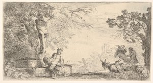 هشاشة مستلقية عند سفح دعامة بريابوس ، الماعز على اليمين ، كاليفورنيا. 1645-48. بواسطة جيوفاني بينيديتو كاستيجليون